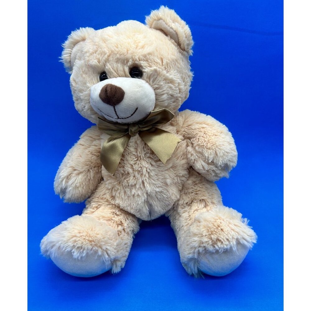 Hugfun Tan Cream Bear 11" Plush Stuffed Animal Gold‎ Bow Soft Toy Gift 2017